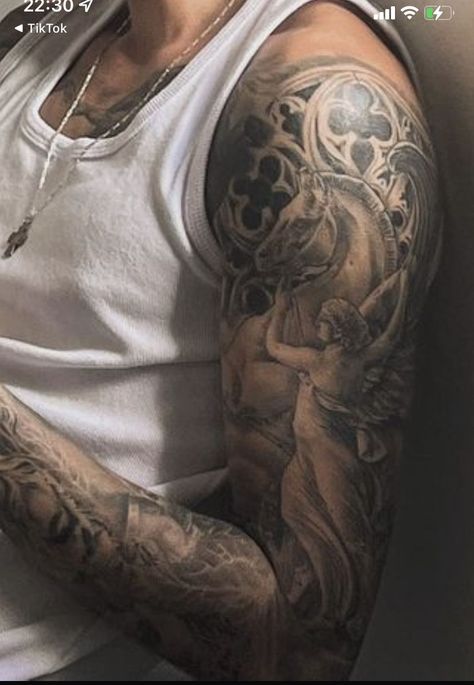 Angel Shoulder Tattoo Men, Arm Tattoos Lettering, Bird Shoulder Tattoos, Mens Body Tattoos, Revelation Tattoo, Roman Tattoo, Where Tattoo, Atlas Tattoo, Around Arm Tattoo