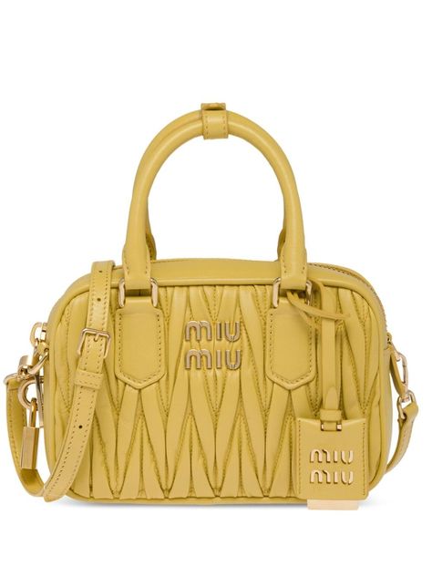 Shop or share your style of the product on ModeSens! logo-plaque matelassé leather mini bag from MIU MIU featuring yellow, nappa leather, matelassé effect, logo plaque, logo tag, gold-tone hardware, adjustable detachable shoulder strap, two top handles, top zip fastening, main compartment, internal slip pocket and internal logo plaque. Miu Miu Handbags, Leather Mini Bag, Miu Miu Bag, Yellow Handbag, Quilted Totes, Bags Logo, Van Cleef Arpels, Mini Shoulder Bag, Dolce & Gabbana