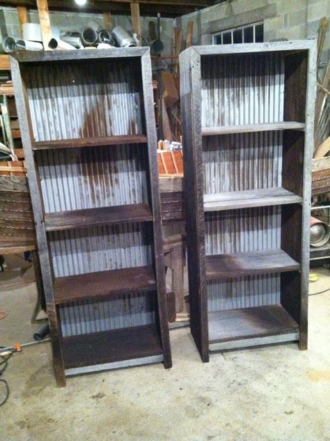 Barn wood and corrugated metal book shelves #barnwood #furniture  Facebook.com/revivalwoodworks Metal Book Shelves, Barn Wood Projects, Corrugated Metal, Into The Wood, Book Shelves, Reclaimed Barn Wood, Metal Shelves, Into The Woods, Barnwood