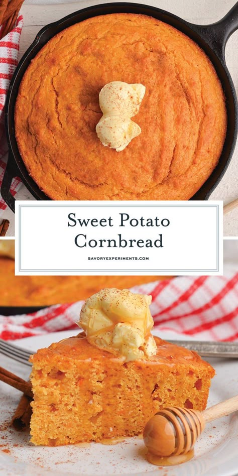 Sweet Potato Cornbread is a combination of two favorite fall foods: sweet potatoes and cornbread. Serve with your favorite chili! Brown Sugar Sweet Potatoes, Pioneer Recipes, Sweet Potato Pound Cake, Sweet Potato Cornbread, Cornbread Recipe Sweet, Cornbread Recipes, Sweet Potato Biscuits, Drink Inspiration, Flat Breads