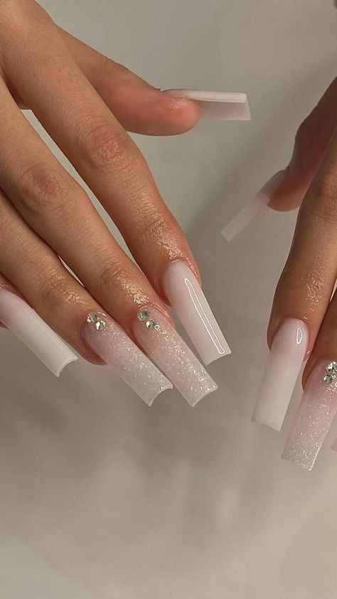 Nail Ideas Designs, Blue And Silver Nails, Nail Ideas Acrylic, Acrylic Nail Ideas, White Acrylic Nails, Soft Nails, Long Square Acrylic Nails, Pink Sparkly, Bling Acrylic Nails