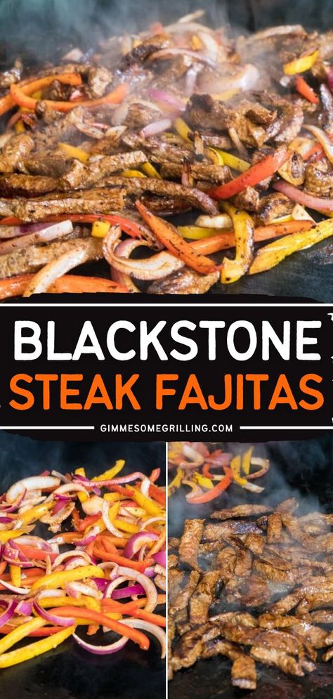 Enjoy summer dinners with this Blackstone Steak Fajita recipe! This is the best way to cook fajitas at home! It is bursting with flavor and will surely become a new favorite weeknight dinner. Save this Blackstone recipe for later! Black Stone Steak, Fajitas Blackstone, Fajitas For A Crowd, Blackstone Steak, Griddle Meals, Stone Dishes, Griddle Ideas, Blackstone Meals, Blackstone Ideas