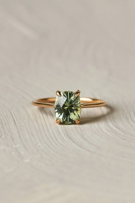 pear green sapphire engagement ring Pastel Sapphire Engagement Ring, Not Traditional Wedding Rings, Green Sapphire Engagement Ring Gold, Green And Gold Engagement Ring, Green Wedding Rings, Green Engagement Rings, Green Sapphire Engagement, Green Sapphire Engagement Ring, Green Sapphire Ring