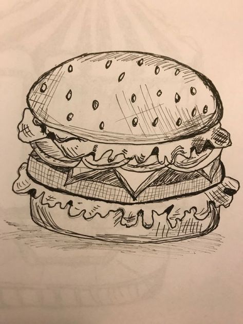 How To Draw Burger, Food Drawings Pencil, How To Draw A Burger, Burger Reference Drawing, Food Sketches Pencil, Random Object Drawing, Drawings Of Food Sketches, Burger Drawing Illustration, How To Draw With A Pen