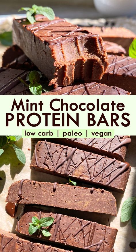 These mint chocolate protein bars are made with almond butter, protein powder and dark chocolate. They have a delicious minty flavor and are completely no bake, low carb and dairy free! Enjoy as a low carb snack or healthy dessert. Chocolate Protein Bar, Healthy Protein Desserts, Vanilla Protein Shake, Protein Shake Ingredients, Protein Bar Recipe, Low Carb Protein Bars, Healthy Protein Bars, Chocolate Protein Bars, Vegan Protein Bars