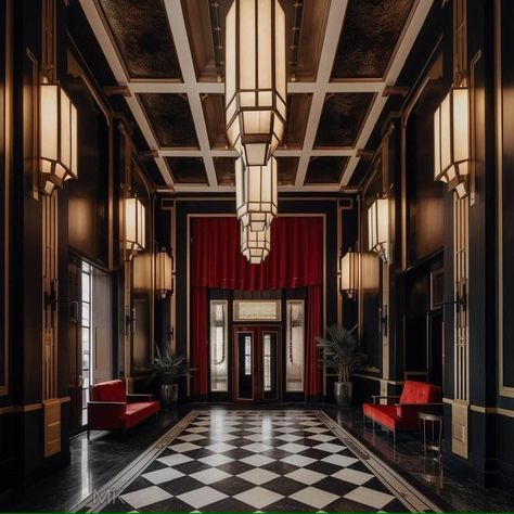 Gothic Art Deco Interior Design, Art Deco Interior Apartment, Art Deco Lobby Design, Art Deco Casino, Roaring 20s Interior Design, Art Deco Penthouse, Dark Art Deco Interior, Gaudy Decor, Fancy Hotel Lobby