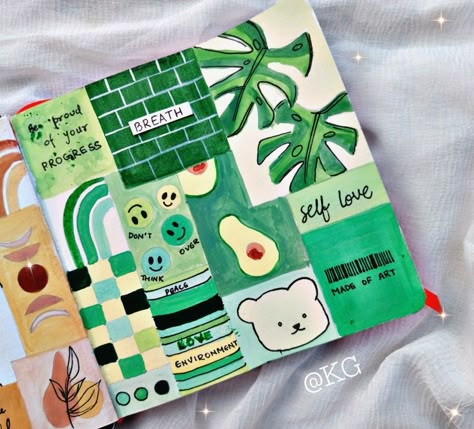 Green Mood Board Aesthetic Painting, Monochromatic Painting Ideas, Green Aesthetic Moodboard, Preppy Artwork, Bullet Journal Hand Lettering, Whimsical Art Journal, Art Tutorials Watercolor, Collage Drawing, Pen Art Drawings