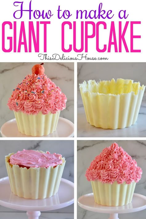 Complete instructions on how to make a Giant Cupcake Cake with a sprinkle piñata surprise and hard shell cupcake liner. Don’t miss this sprinkle surprise cupcake cake pan tutorial that includes a cake truffle cherry on top! #giantcupcake #cupcakecake Oversized Cupcake Smash Cake, Wilton Cupcake Cake Pan, Large Cupcake Cake Ideas, Giant Cupcake Cake Ideas, How To Make A Cupcake Cake, Call Cupcakes, Big Cupcake Cake Ideas, Cupcake Shaped Cake, Jumbo Cupcake Ideas