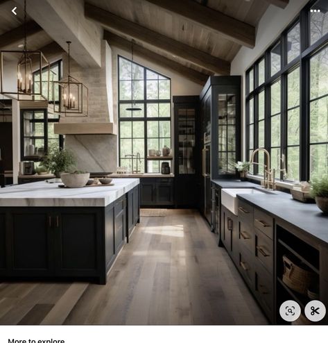 Katy Hearn House, Rustic Wooden Kitchen Cabinets, Luxury Mountain Kitchen, Kitchen With Window Wall, Kitchen Ideas Black And Wood, Barnhouse Homes, Barnhouse Kitchen, Tall Ceiling Kitchen, Modern Cabin Kitchen