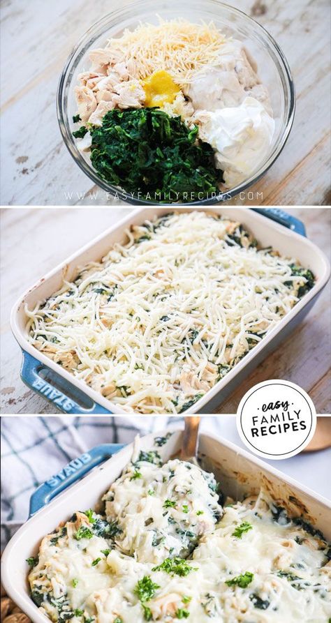 This super easy casserole is perfect for busy week nights! Made with shredded chicken or rotisserie chicken, you can have it prepped and in the oven in minutes. Packed with tender chicken, wholesome spinach and flavor packed cheese, this casserole doesn't disappoint! Easy Shredded Chicken Dinner, Shredded Chicken Dinner, Shredded Chicken Casserole, Casseroles For Dinner, Chicken And Spinach Casserole, Chicken Spinach Recipes, Chicken Florentine Casserole, Easy Shredded Chicken, Chicken Florentine