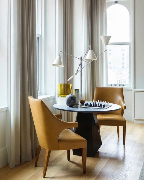 @dumais_inc has inspired us to learn chess after putting together this seating area inside a TriBeCa apartment. We love the use of the… Game Table And Chairs, Tribeca Apartment, Egg Collective, Brick Room, Learn Chess, Chess Table, Game Tables, Dining Room Colors, Game Table