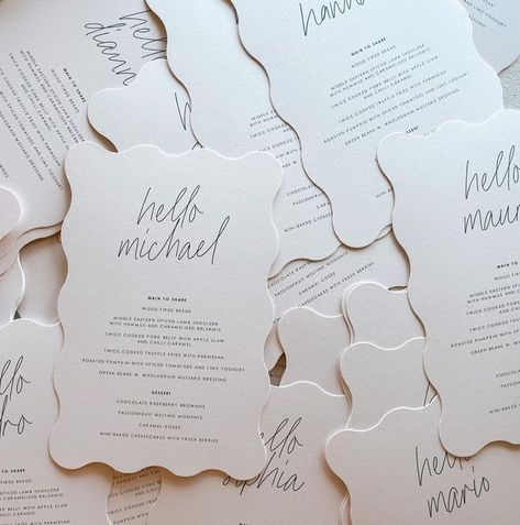 Atelier Creative • Invitations, signage + florals on Instagram: "Hello Lovely menus in wavy diecut 🤍" Signage Florals, Twice Cooked Pork, Fried Tomatoes, Apple Slaw, Truffle Fries, Lamb Shoulder, Creative Invitations, Mustard Dressing, Hello Lovely