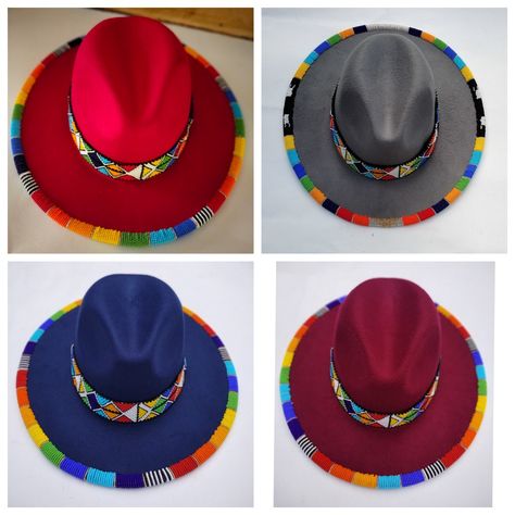 Wholesale set of 4 beaded fedora hat Beaded Hats, Cowboy Hat Bands, Extra Long Earrings, Beaded Hat Bands, Sombrero Hat, African Gifts, Horn Earrings, Beaded Leather Bracelet, Beaded Edge