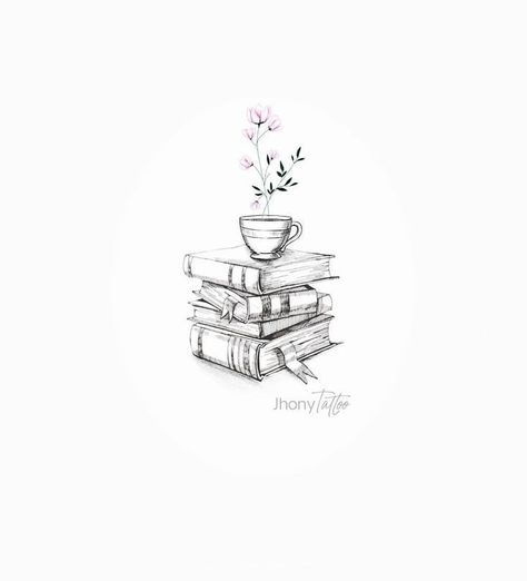 Blooming Book Tattoo, Minimal Book Tattoo Ideas, Ghost And Book Tattoo, Fine Line Tattoo Book Lover, Delicate Book Tattoo, Book And Tea Tattoo, Book And Plant Tattoo, Cat On Books Tattoo, Art Lover Tattoo