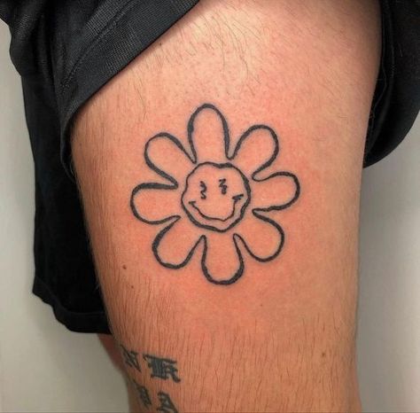 Indie Tattoos Men, Small Afrocentric Tattoos For Women, Simple Baddie Tattoos, Groovy Flower Tattoo, Communication Tattoo, Funk Tattoo, Groovy Tattoo, 23 Tattoo, Simple Leg Tattoos