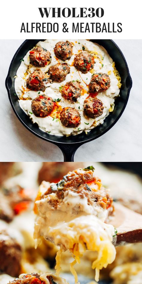 Meatballs And Alfredo Sauce, Meatball Alfredo, Creamy Spaghetti Squash, Paleo Noodles, Meatballs Paleo, Paleo Spaghetti, Whole30 Recipe, Spaghetti Squash Noodles, Pasta Meatballs