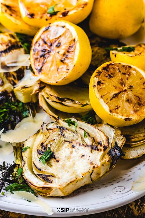 Grilled Fennel, Sip And Feast, Lemon Salad, Fennel Recipes, Shaved Parmesan, Italian Vegetables, Fennel Salad, Vegan Side Dishes, Italian Salad