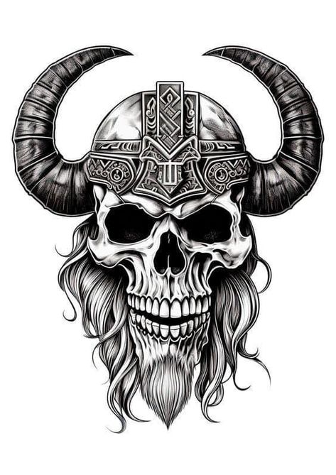 Warrior Design Tattoo, Viking Skull Tattoo, Viking Helmet Tattoo, Viking Skull Art, Viking Drawings, Skull Warrior, Norse Mythology Tattoo, Viking Head, Scandinavian Tattoo