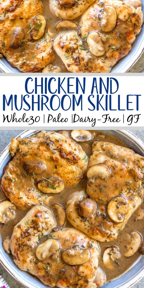 This easy chicken thighs and mushroom skillet is a 30 minute one pan meal that's ideal for busy weeknights! It's full of flavor from a creamy, rich gravy, while still being Whole30, paleo, gluten-free, and dairy-free! There's only a few simple ingredients which makes this dish come together quickly, and it's great for a healthy meal prep recipe because it reheats incredibly well. This is a family-friendly recipe everyone will love! #onepan #whole30chicken #chickenthighs #mushroomrecipes #... Chicken And Mushroom Skillet, Paleo Chicken Thighs, Easy Chicken Thighs, Chicken Recipes Dairy Free, Mushroom Skillet, Skillet Chicken Thighs, Chicken Thighs Dinner, Chicken Thighs Mushrooms, Crockpot Chicken Thighs