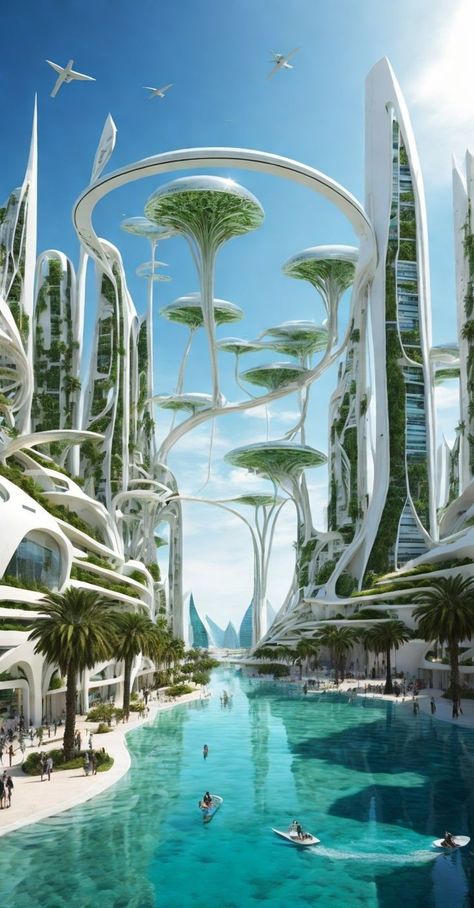 Future Nature City, Futuristic Plant City, Futuristic Eco City, Future Art Illustration, Futuristic Design Architecture, Biopunk City, Nature Futuristic, Solarpunk City, Futuristic Nature