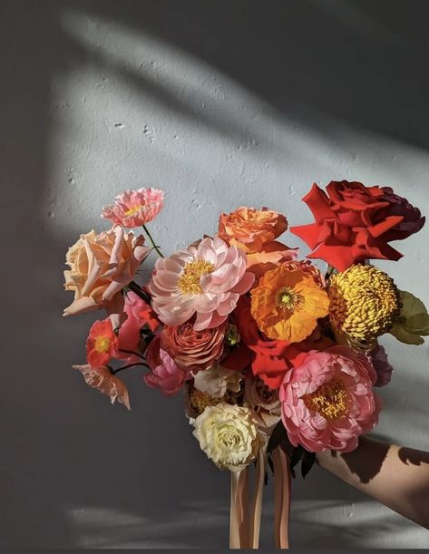 Autumn Peony Bouquet, Native Poppy Wedding, Red Pink Orange Wedding Bouquet, Spanish Flower Bouquet, Bright Boho Wedding Flowers, Peony Marigold Bouquet, Red Orange And Yellow Flowers, Icelandic Poppies Wedding, Colorful Winter Wedding Flowers