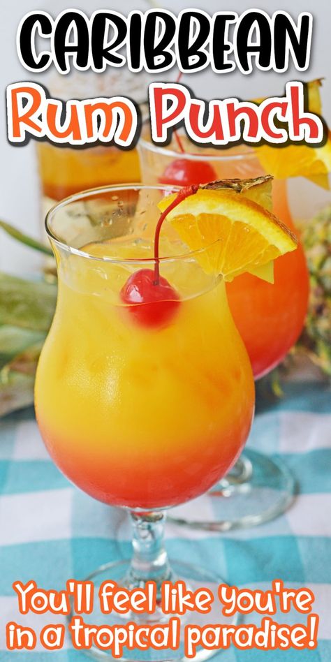 This Caribbean rum punch cocktail combines fruit juices with light and dark rum for a sweet and refreshing summer drink. As pretty as it is delicious, it’s guaranteed to make you feel like you’re in a tropical paradise! Trash Can Alcohol Drink, Carribean Rum Punch, Caribbean Rum Punch Recipe, Jamaican Rum Punch Recipes, Caribbean Rum Punch, Alcoholic Fruit Punch, Light Summer Drinks, Rum Drinks Easy, Party Punch Alcohol