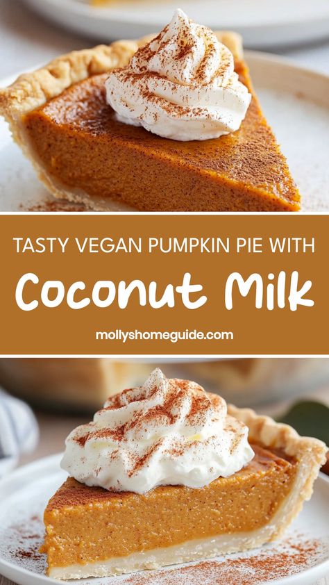 Indulge in the irresistible flavors of a vegan pumpkin pie made with creamy coconut milk. This dairy-free dessert is a perfect treat for any occasion, from cozy fall gatherings to holiday celebrations. Enjoy the rich and comforting taste of pumpkin spice combined with the subtle sweetness of coconut. Whether you follow a plant-based diet or simply love trying new recipes, this vegan pumpkin pie is sure to be a crowd-pleaser. Coconut Milk Pumpkin Pie Recipe, Vegan Dairy Free Dessert Recipes, Vegan Gf Pumpkin Pie, Vegan Recipes Dairy Free, Vegan Pumpkin Pie Graham Cracker Crust, Vegan Gf Pumpkin Dessert, Fall Dairy Free Recipes, Plant Based Pumpkin Pie, Pumpkin Pie Vegan Recipe