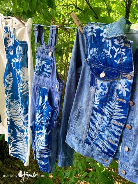 How to Print Cyanotype on Jackets, Jeans & Clothes - madebyBarb Jean Fabric Ideas, Cyanotype Denim Jacket, Diy Print On Clothes, Cyanotype Process On Fabric, Cyanotype How To, Embroidering Clothes Diy, Cyanotype Jeans, Upcycle Clothes Jeans, Customizing Clothes