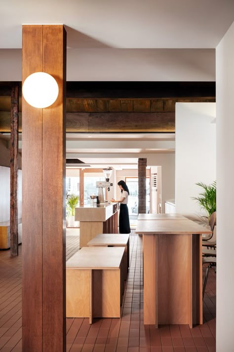 Plywood Store Design, Cafe In Seoul, Wood Cafe, Finished Plywood, Terracotta Tile, Retail Inspiration, Coffee Shops Interior, Cafe Interior Design, Wooden Beams