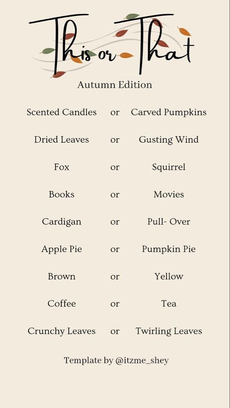 This Or That Game, Autumn Spirit, Planning An Event, Fall Mood Board, Interactive Posts, Leaf Template, Fall Bucket List, October Halloween, Journal Writing Prompts