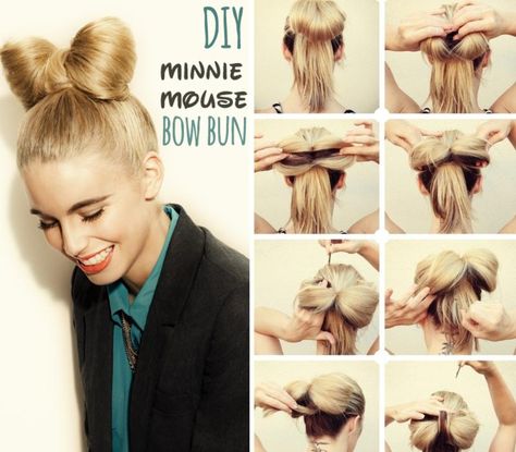 simple DIY spring summer hairstyle minnie mouse bow bun Diy Starwars Costume, Minnie Mouse Hair Bow, Zoella Hair, Disney Hairstyles, Minnie Mouse Hair, Updo With Headband, High Bun Hair, Bleached Hair Repair, Color Correction Hair