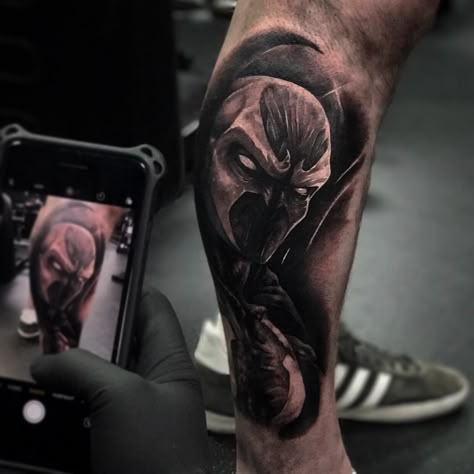 Spawn Tattoo Design, Spawn Tattoo Ideas, Spawn Tattoo, Punisher Artwork, Movies Ideas, Leg Tats, Soldier Graphic, Tattoo Uk, E Tattoo