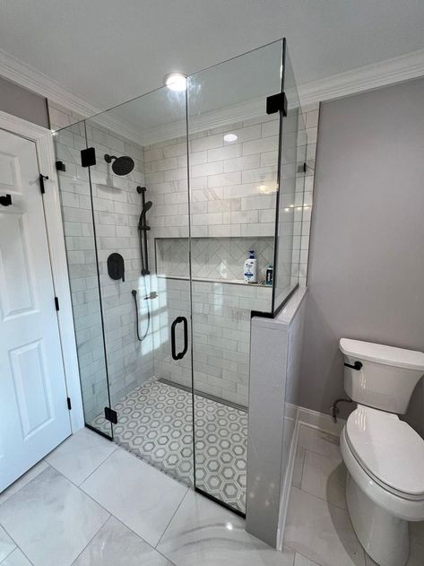 Frameless glass shower doors Two Wall Shower Ideas, Natural Subway Tile Bathroom, Master Bathrooms With Shower And Tub, Glass Shower Doors Frameless Corner, Glass Shower Renovation, Tile Shower Glass Door, Tile Shower With Glass Wall, Tile Showers With Glass Doors, Glass Shower Walls Walk In