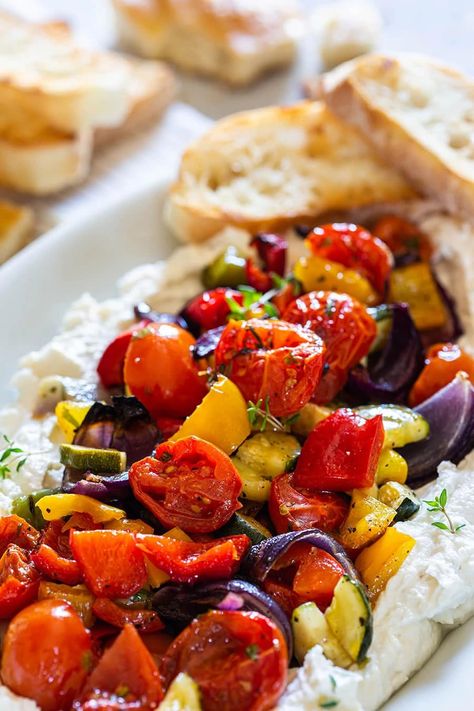 Summer Ricotta With Grilled Vegetables, Ricotta And Vegetables, Fruit And Ricotta, Garlic Roasted Veggies With Whipped Feta, Dip For Roasted Veggies, Roasted Vegetable Appetizer, Roasted Veggie Appetizer, Roasted Vegetable Dip, Whipped Ricotta And Roasted Tomatoes