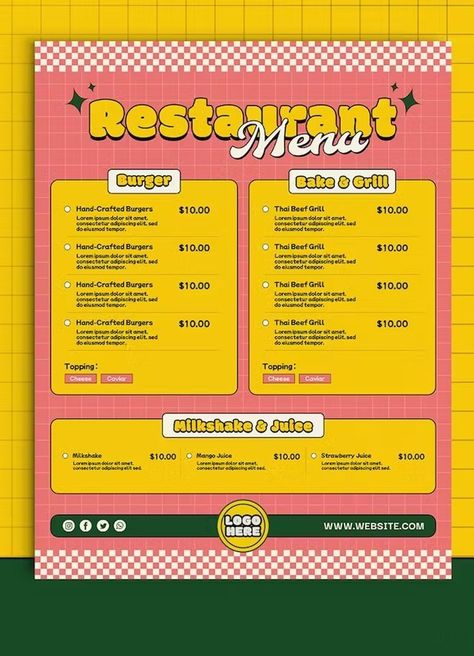 Retro Menu Design Layout, Vintage Menu Design Ideas, Pricelist Design Templates, Fun Menu Design, Retro Menu Design, Menu Layout Design, Menu Ideas Design, Food Menu Design Ideas, Menu Design Ideas Templates