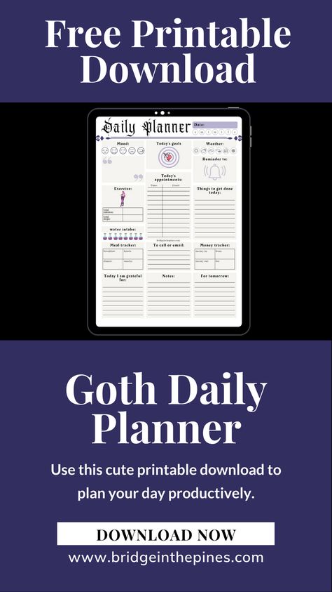 Free Printable Download - Goth Daily Planner. Shows a gothic style planner page. Witch Planner Free Printable, Digital Planner Inspiration, Goth Planner, Daily Planner Download, Gothic Journal, Witchy Planner, Journal Printables Free, Spiritual Lifestyle, Free Daily Planner