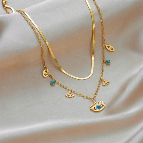 Steel Blue Eyes, Gold Evil Eye Necklace, Eye Of Horus Necklace, Turquoise Eyes, Eye Gift, Mens Jewelry Necklace, Multi Layer Necklace, Vintage Punk, Eye Shape