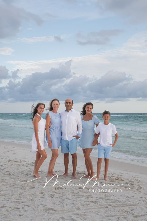 Light Blue and White Wardrobe: Picture Perfect 30A Family Beach Portraits Family Of 4 Beach Pictures Outfits, Family Beach Pic Outfit Ideas, Beach Outfit For Family Pictures, Pastel Beach Pictures Family, Destin Family Beach Photos, Beach Outfit Pictures Family Portraits, Beach Photography Family Outfits, Family Beach Pictures Adults, Beach Family Photos Adults