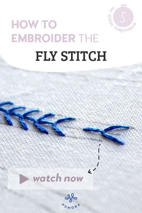 Learn how to embroider the fly stitch with video instructions! Fly Stitch Tutorial, Embroidery Stitches How To, Fly Embroidery Stitch, Fly Stitch Embroidery Motifs, Stick And Stitch Embroidery Patterns, Fly Stitch Design, Fly Stitch Embroidery Design, Embroidery Fly Stitch, How To Embroider