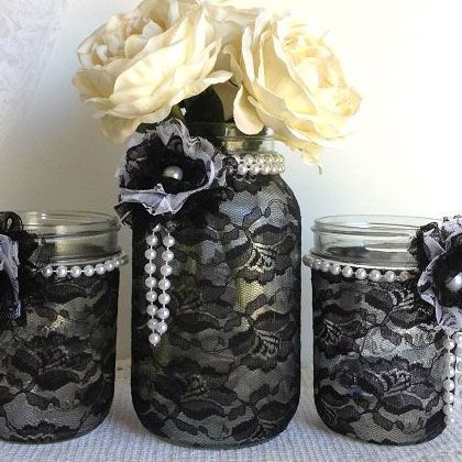 DIY Mason Jar Christmas Craft Ideas- Black Lace - Click Pin for 26 Holiday Craft Ideas ขวดโหล Mason Jar, Mason Jar Wedding Decor, Goth Party, Lace Mason Jars, Toples Kaca, Soft Goth, Aesthetic Emo, 20s Party, 30th Party