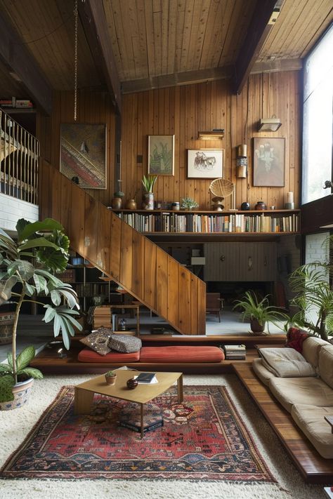 Minimalistic Mid Century Modern, Funky Mid Century Modern Living Room, Mid Century Modern Loft Apartment, Midcentury Modern Japandi, Mid Century 70s Home, Mid Century Modern Studio Apartment, Wooden House Interior Design, Mid Century Modern Loft, Mid Century Modern Entry