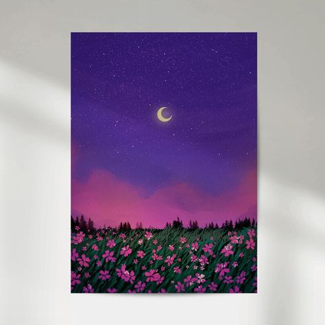 Moon And Flower Painting, Flowers Field Painting, Flower Field Painting, Halloween Canvas Art, Pink Flower Painting, Doddle Art, Moon Canvas, Night Sky Painting, Book Crafts Diy