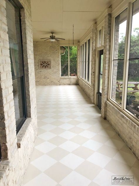 Create a beautiful outdoor space you'll love! Give your porch or patio a makeover by painting the concrete floors. Checkerboard Floor Sunroom, Concrete Marble Flooring, Checkerboard Patio Floor, Patio Painting Ideas Concrete, Painted Floor Concrete, Painted Concrete Floors Bedroom, Checkered Tile Patio, Concrete Porch Floor Ideas, Concrete Porch Paint Ideas