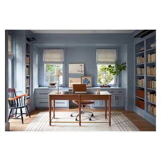 Rice Residence Renovation & Interiors - Transitional - Home Office - Houston - by Laura U Design Collective | Houzz Home Cubicle, Van Courtland Blue, Blue Benjamin Moore, Benjamin Moore Bedroom, Transitional Home Office, Best Blue Paint Colors, Light Home Office, Productive Office, Houston Design