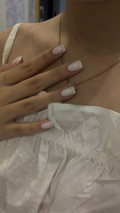 French And White Nails, White French Tip Nails Aesthetic, White Nail With White French Tip, Milk Short Nails, White Base With White French Tip, White And White French Nails, White French Tip Nails White Base, White White French Nails, French Manicure With White Base