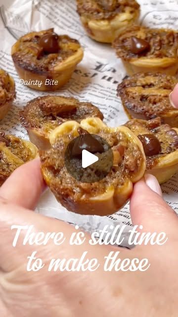 DAINTY BITE on Instagram: "Perfect mini pecan pies are the easiest to make and so so good.  You will need: 3/4 cup toasted pecans chopped roughly  1 egg  1 tsp vanilla extract  1 1/2 tbsp butter melted or room temperature  1/4 cup dark brown sugar  1/4 cup light brown sugar  1 roll refrigerated pie crust  @pillsbury  Chocolate chips/ optional  Preparation: Toast the pecans and let them cool completely. Chop roughly and set aside.  In a clean bowl whisk the egg, vanilla then add the butter and sugars . Add the pecans and the filling is ready.  Unroll the pie crust and cut circles to fit the mini muffin tin, load with the filling and bake at 350 degrees F for 30 minutes or until crust is golden. Top with chocolate chips or leave as is and enjoy. . . . . . . #minipecanpies #minipecanpie #peca Pie Crust Dessert, Pecan Tart, Mini Pecan Pies, Pecan Tarts, Pecan Pies, Scones Easy, Refrigerated Pie Crust, There Is Still Time, Dark Brown Sugar