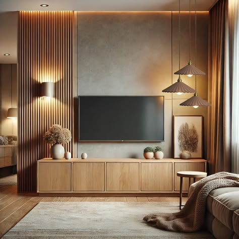 Living Room Wooden Wall Decor Ideas, Slated Living Room Wall, Paneled Accent Wall Living Room, Asymmetric Media Wall, Statement Tv Wall Living Room, Off Center Tv Wall Living Room, Tv Wall Design Mid Century Modern, Cream Themed Living Room, Natural Wood Tv Unit