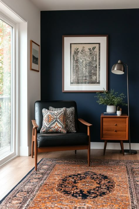 Combine mid-century modern design with boho elements to create a stunning living room that you will love. Modern Living Room Blue, Boho Mid Century Modern Living Room, Mid Century Modern Apartment, Living Room Elegant, Navy Living Rooms, Layered Bedding, Fall Bedroom Ideas, Boho Mid Century Modern, Cozy Fall Bedroom