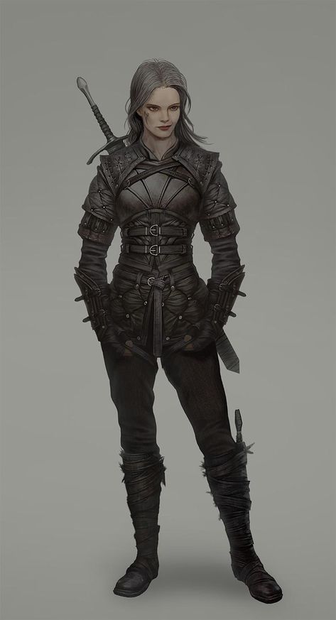 f Rogue Thief Leather Armor Sword Dagger midlvl undercity urban city farmland d&d DnD Female Witcher Outfit, D&d Rogue Female, Witcher Outfits Female, Monster Slayer Dnd, Leather Armor Drawing, Dnd Leather Armor Female, Female Medieval Armor, Female Fighter Outfit, Female In Armor