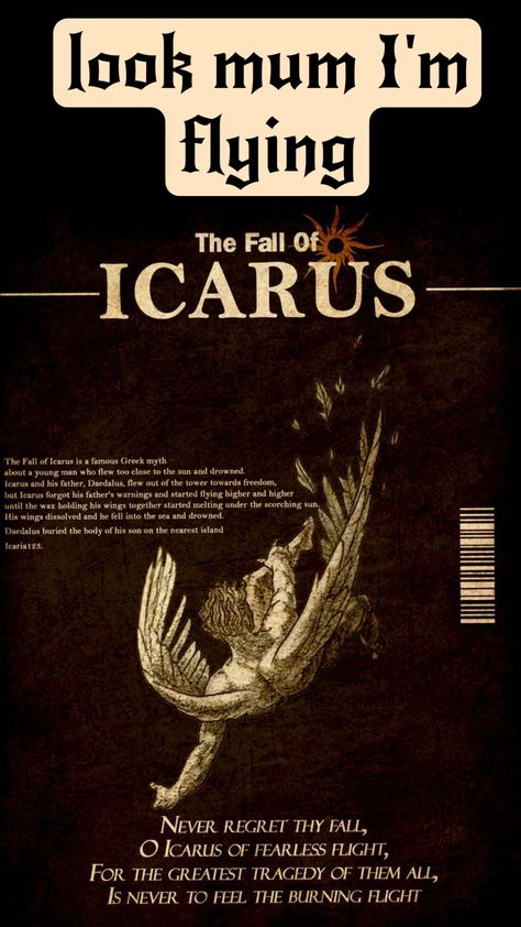 Icarus Collage, Icarus Poster, Icarus Quotes, Icarus Loved The Sun, Icarus And The Sun, Icarus Aesthetic, Icarus Greek Mythology, Icarus Falling, Icarus Art